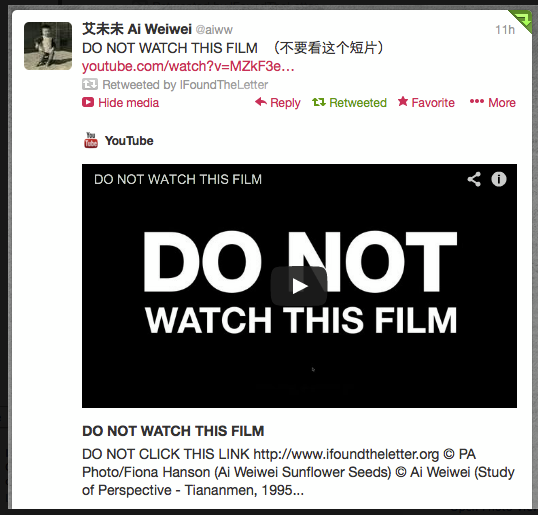 Ai Weiwei tweets about #IFoundTheLetter